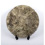 Chinese hardstone plaque with intricate carvings of dragons, double-headed turtle, lotus flower