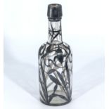 French Art Nouveau antique silver onlaid wine bottle decanter, decorated to the body with wheat or