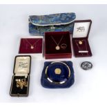 Three 9ct gold St Christopher pendants, 9ct gold ring, compact and other items