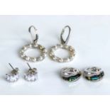 Three pairs of silver earrings, hoops with pearls and two pairs set with stones and shell