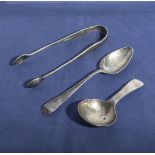 Silver sugar tongs, George III silver spoon and a George III silver caddy spoon