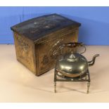 A brass log box, a brass trivet and a kettle