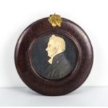 Georgian period sepia watercolour miniature drawing of a gentleman , fitted into a round mahogany