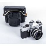 Vintage Praktica camera in original black leather case Pentacon made in DDR lense tessar 2.8/50 Carl