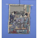 Japanese antique wood block scroll depicting three courtesans eating and drinking, fully signed,