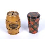 A Mauchline ware money box and a Mauchline Tartan ware lidded box