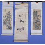 Three Chinese antique scroll paintings of small size, depicting horses and mountainous landscapes