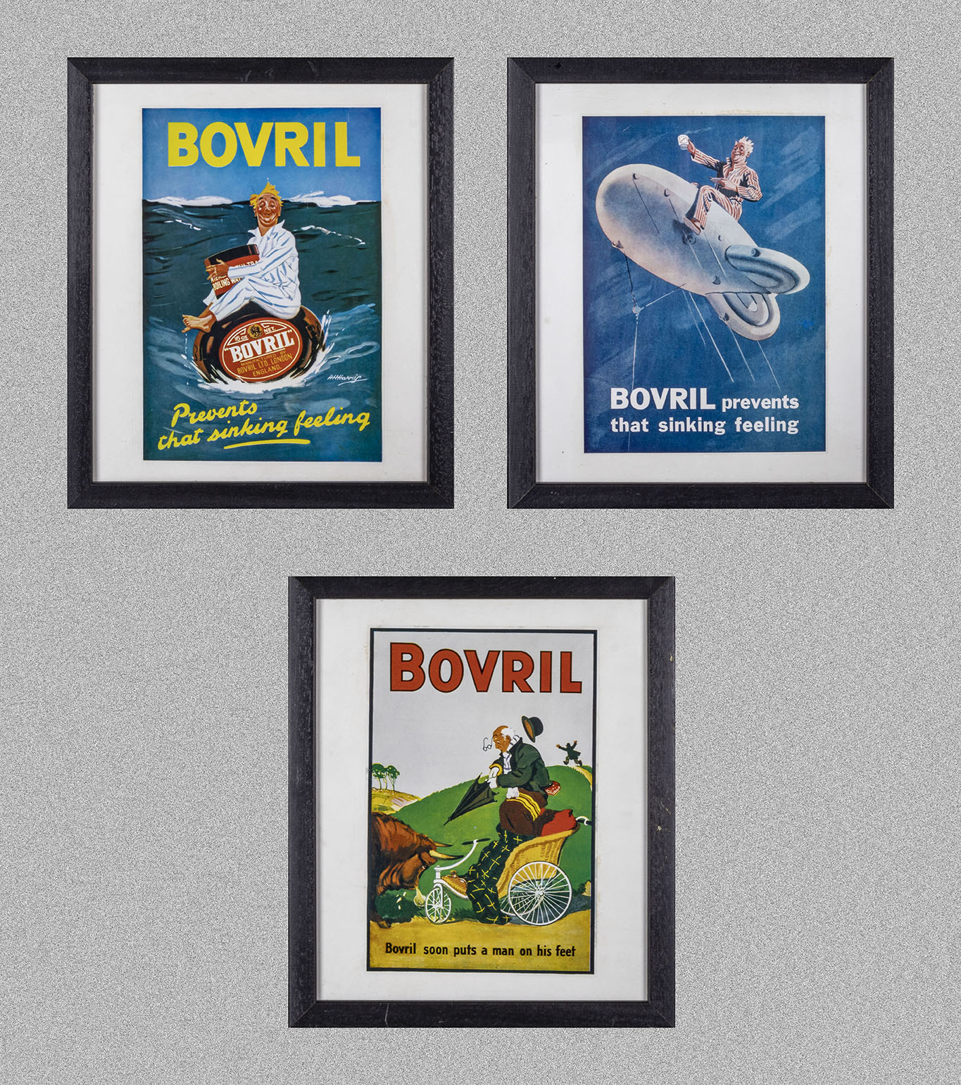 Three framed Bovril advertising prints 28cm x 33cm