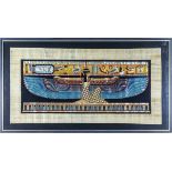 Large Egyptian oil painting on papyrus reed depicting a queen with birds feather wings with cartouce