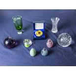 A collection of glass paper weights including Selkirk glass