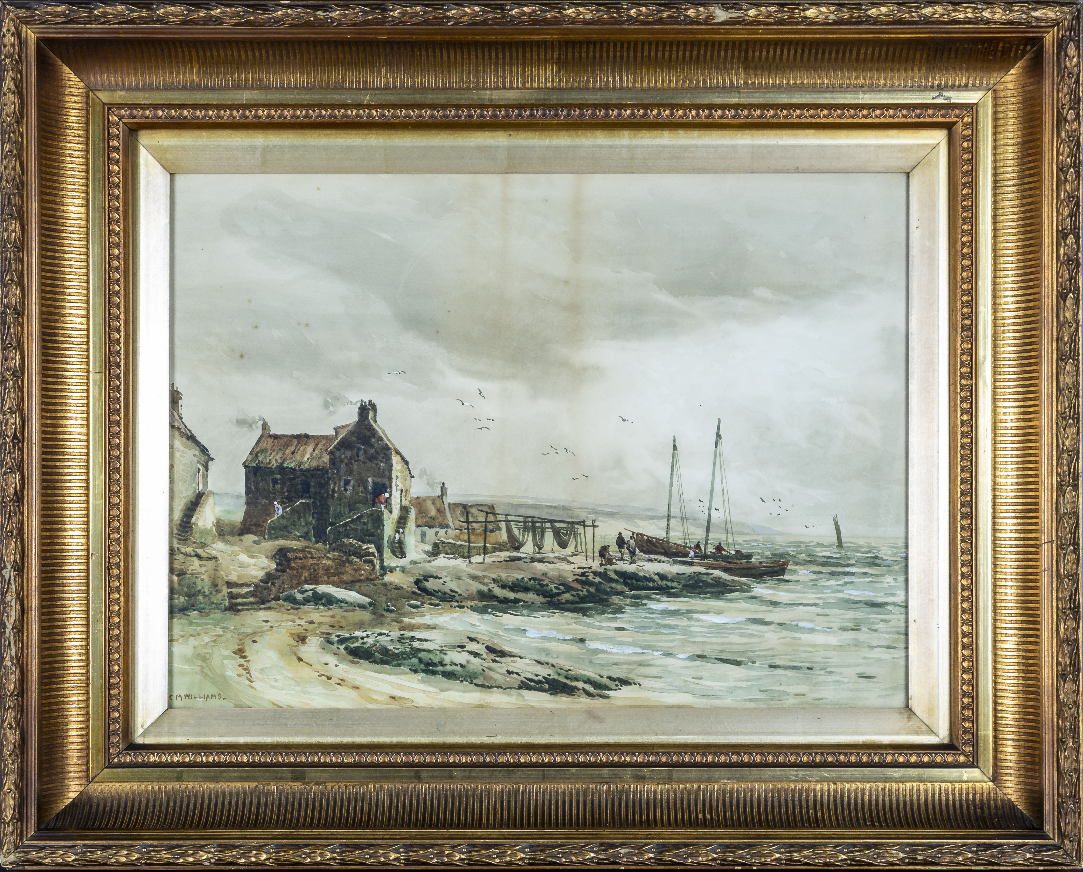 C M Williams - a gilt framed watercolour depicting a harbour scene, overall size 61cm x 76cm