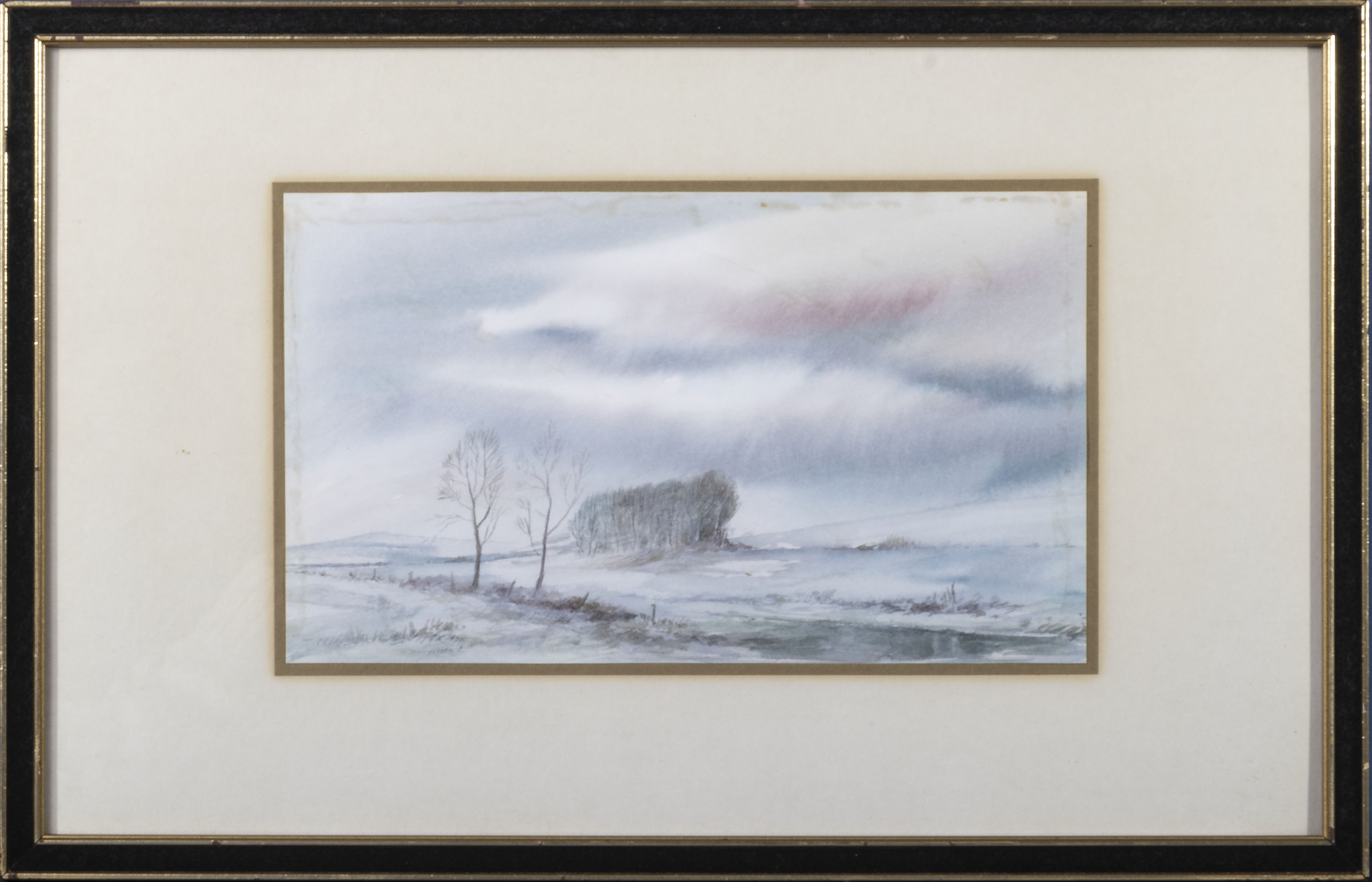 A small framed watercolour depicting a rural winter scene, indistinct signature, image size 14cm x