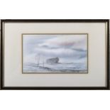 A small framed watercolour depicting a rural winter scene, indistinct signature, image size 14cm x