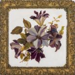 Bristol glass hand painted with clematis in a gilt frame, overall size 36cm x 36cm