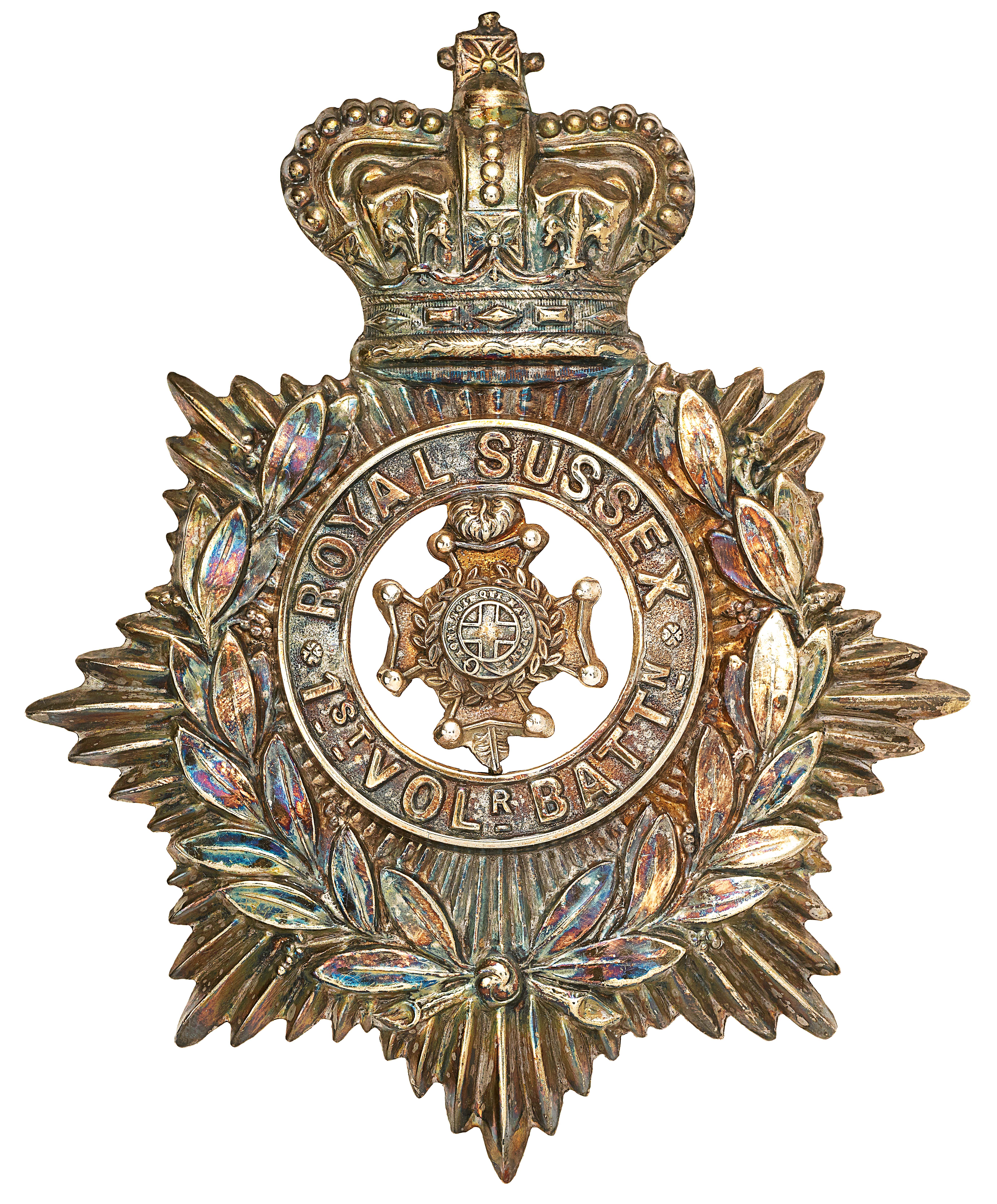 1st (Brighton) VB Royal Sussex Regiment Victorian NCO’s helmet plate circa 1887-1901.Die-stamped