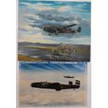 Two Halifax Bomber Oil Paintingsconsisting Halifax EY-G in flight by D A Warmington 1973. Oil on