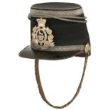 Volunteer Officer’s 1869-78 pattern shako.A good scarce example of dark blue Melton cloth body and