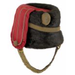 British Hussar Regiment Officer’s Edwardian Busby. A fine quality Officer’s fur busby. Crimson bag