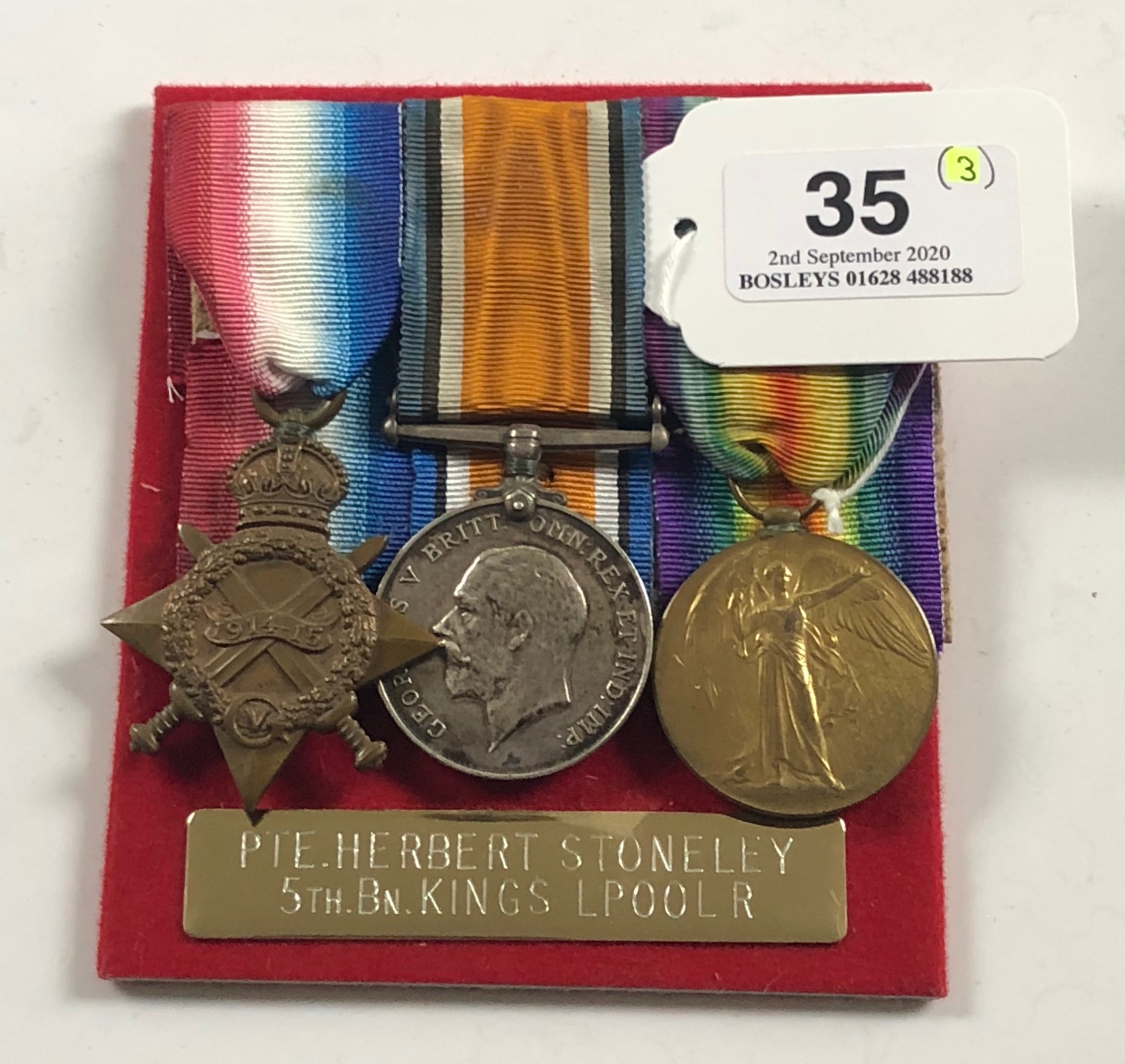 WW1 King’s Liverpool Regiment 1914/15 Star Group of Three Medals.Awarded to “3010 PTE H. STONELEY