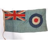 Small RAF Station Flag26 x 55 inch, light blue linen flag. The top corner with multi panel Union