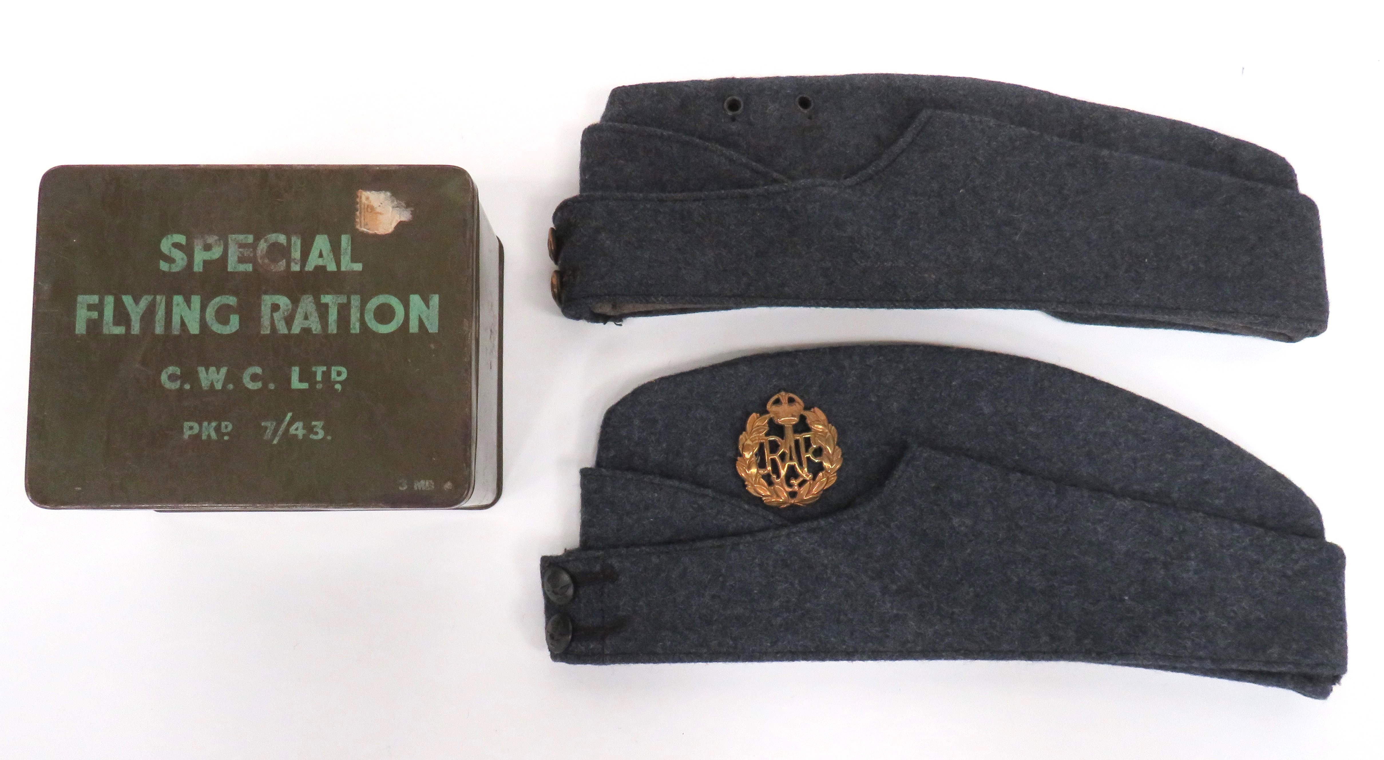 Two WW2 RAF Field Service Caps and a Flying Ration Tin2 x blue grey, woollen, field service caps.