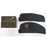 Two WW2 RAF Field Service Caps and a Flying Ration Tin2 x blue grey, woollen, field service caps.