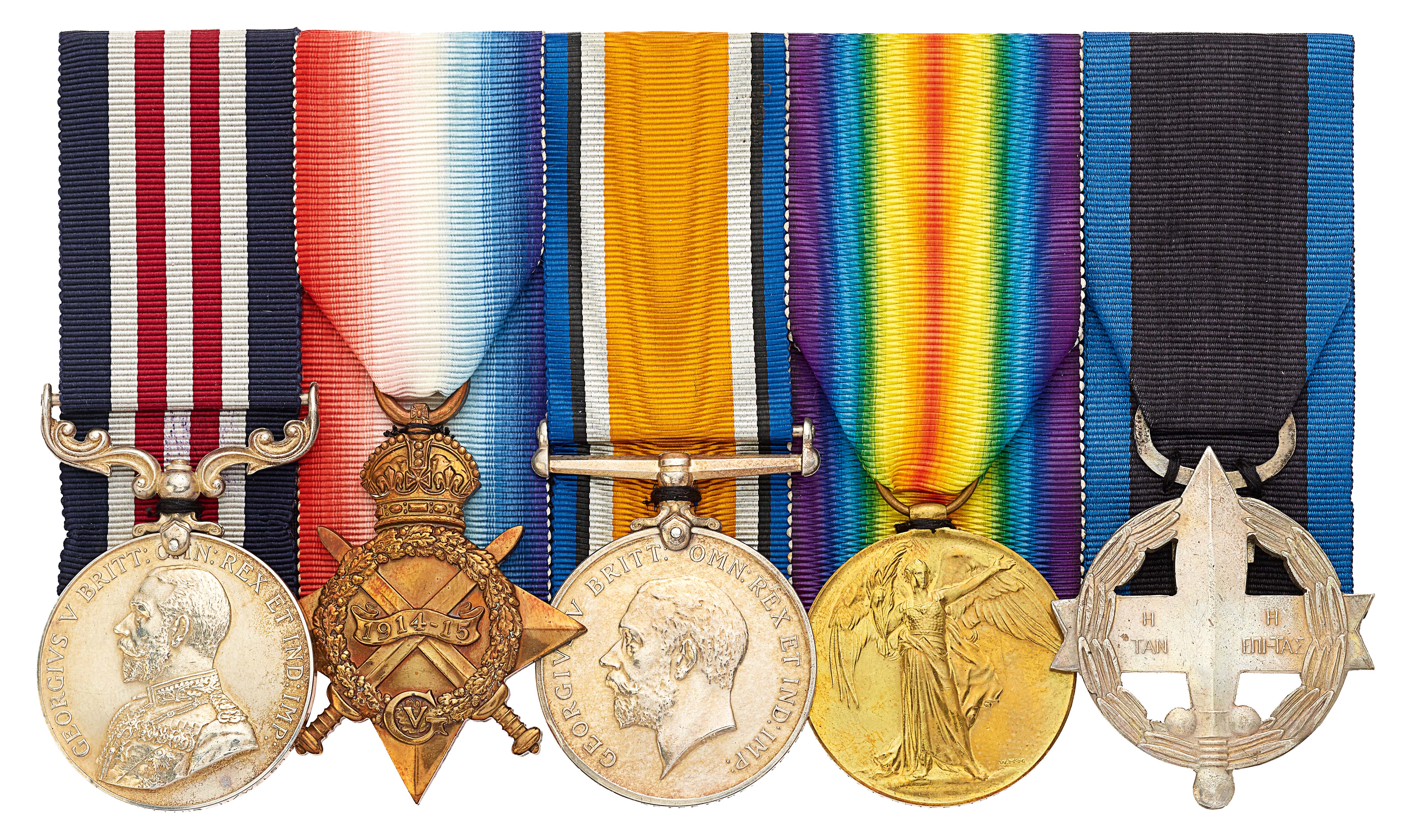 WW1 Welsh Regiment Cardiff Pals Military Medal, Greek Military Cross Group of Five Medals.