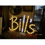 A Bills restaurant sign converted to an indoor electrical prop display light Location: RAB