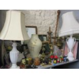 A miscellaneous lot to include a gilt mirror, table lamps, camera equipment, die cast vehicles,
