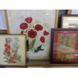 A mid 20th century needlepoint of a poppy still life, mixed prints, watercolours and oils to include
