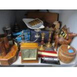 A vintage lot to include a scientific set, rulers, a Weylux set of scales, a leather briefcase,