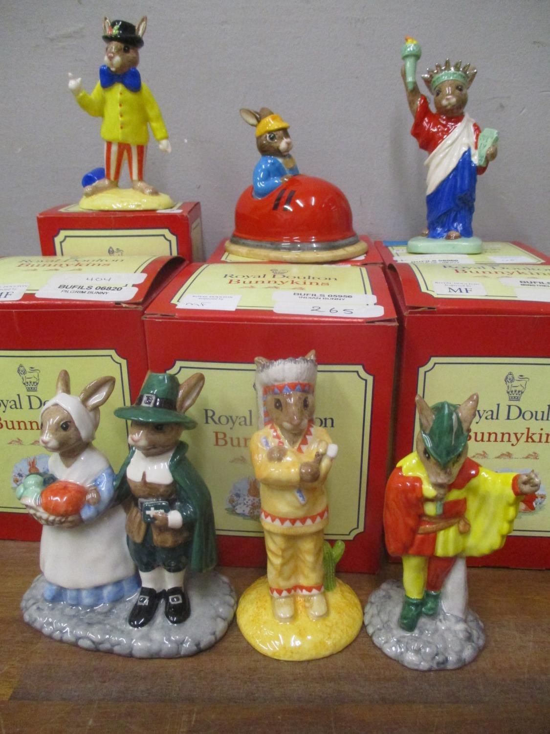 Six boxed Royal Doulton Bunnykins ornaments to include Pilgrim, Indian, Minstrel, Joker, Dodgem