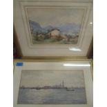 Two watercolours to include William Ayerset Ingram, river scene with buildings to the background, 13