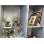 A mixed lot to include two oil lamps, framed pictures, glassware, Tiffany cut glass pot, brassware