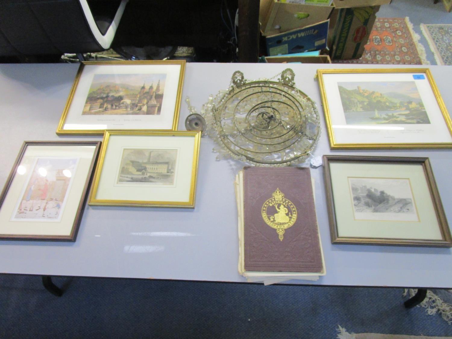 A lot to include gilt metal and glass bag light, various framed and glazed prints and The National