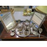Mixed silver plate and metalware to include a silver four-piece dressing table set, a four-piece tea