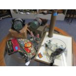 Military related items to include two gas masks, modern painted lead figures of soldiers, and a