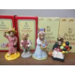 Four boxed Royal Doulton Bunnykins ornaments to include Sightseer, Sweetheart, Mrs and Balloon