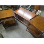 A pair of modern burr walnut lamp tables with a slide, a drawer and undertier and a matching