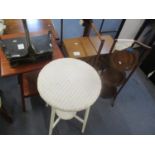 A mixed lot to include a cake stand, a sewing box, a Lloyd Loom table, wall bracket, an occasional