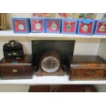 A 19th century walnut German strapwork writing box with fitted interior and ceramic inkwells,