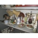 A ruby flashed decanter with stopper together with a mixed lot of collectors plates, framed