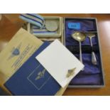 A Royal Observer Corps medal with ribbons, a silver christening set and a Junior Jet Corps Clubkit
