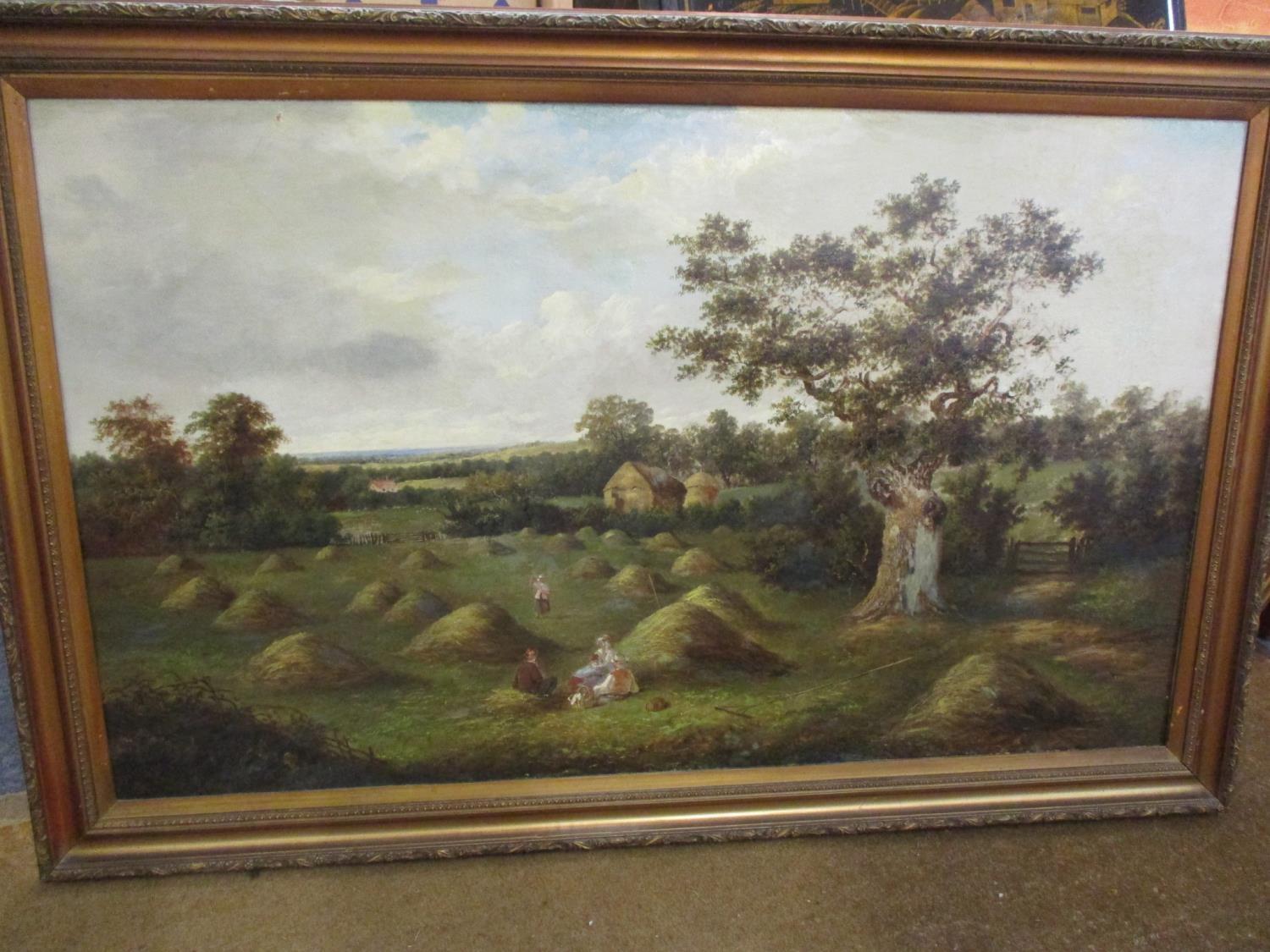 W Yates - Haymaking, an oil on canvas A/F, 30" x 49", signed lower left hand corner, in gilt frame