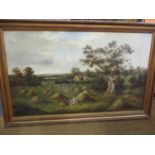 W Yates - Haymaking, an oil on canvas A/F, 30" x 49", signed lower left hand corner, in gilt frame