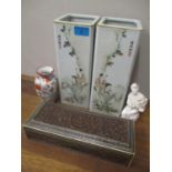 Chinese, Japanese and other artefacts to include a pair of square vases, carved box and other