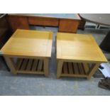 A pair of G-Plan light wood lamp tables with slatted undertier, 19 1/2" x 23 5/8" x 23 5/8"