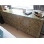 A modern French style large chest of six drawers having glass top and tapered legs, 34"h x 80"w