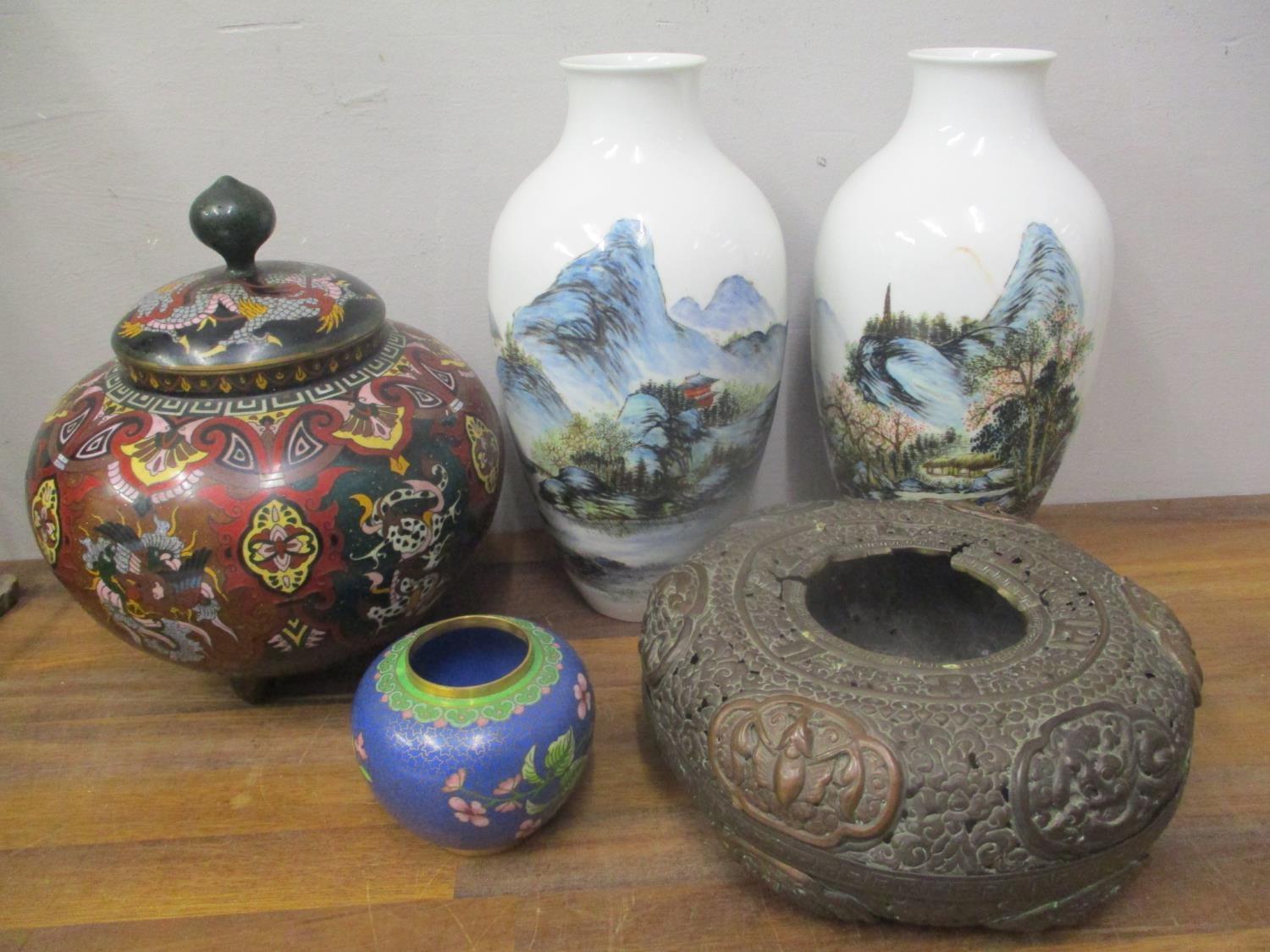 Chinese and Japanese metalware and ceramics to include a pair of baluster vases, two cloisonne vases