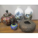 Chinese and Japanese metalware and ceramics to include a pair of baluster vases, two cloisonne vases